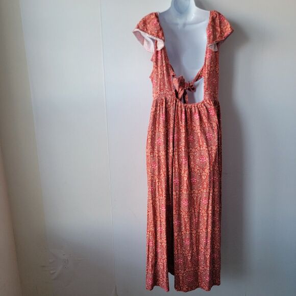 Boden Women's Tie Back Jersey Maxi Dress sz 14R Poinsettia Exotic Tile Ruffle - Picture 2 of 9